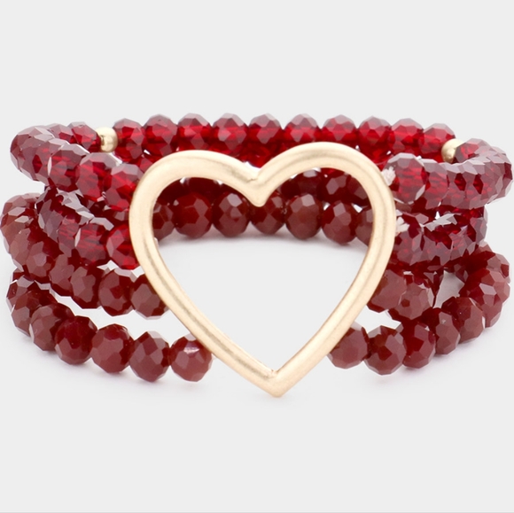 Red Beads Stretch MultiLayered Heart Gold Bracelet Fashion Statement Jewelry - Picture 3 of 3